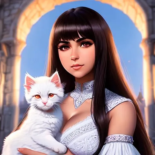 Prompt: (Art by Ilya Kuvshinov), mix of Mia Khalifa and Lacey Chabert, halfling, parted bangs,pet white dragon kitten, full portrait, castle setting, brown hair, brown eyes, warrior princess, dynamic pose, ethereal,(Masterpiece), Smooth, Female Character, halfling, ((parted bangs), ultra-fine details, intricate scene, ambient lighting, soft glow, elegant, symmetrical facial features, accurate anatomy, anatomically correct woman, sharp focus, cgi still, artgerm, taken on nikon d750, scenic, gossamer, iridescent, ethereal, auroracore, vaporwave, splash art, pixiv, tumblr, Unreal Engine