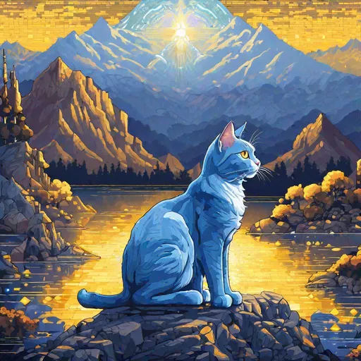 Prompt: (pixel art), beautiful {blue cat}, with {silver eyes}, white chest, presenting magical jewel, looking at viewer, glaring through fourth wall, layers of golden mountain silhouettes, enchanted golden crystal lake, fantasy, retro, twilight, highly detailed, golden jewel on forehead, beautifully detailed shading, scenic, complementary colors, golden ratio, SNES graphic, Sega genesis graphics, 16 bit, character concept, perfect composition, beautiful proportions