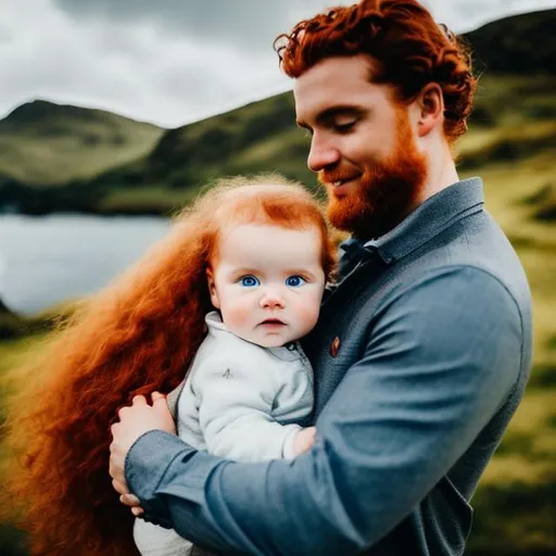 Prompt: Red-haired man with wavy hair with blue eyes,Holding baby girl, red curly hair, scotland landscape,medieval