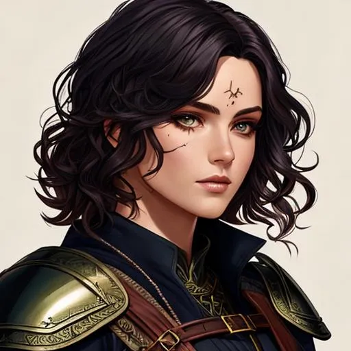 Prompt: mage, magic, dnd, illustration, portrait, short wavy hair, scars, leather armor