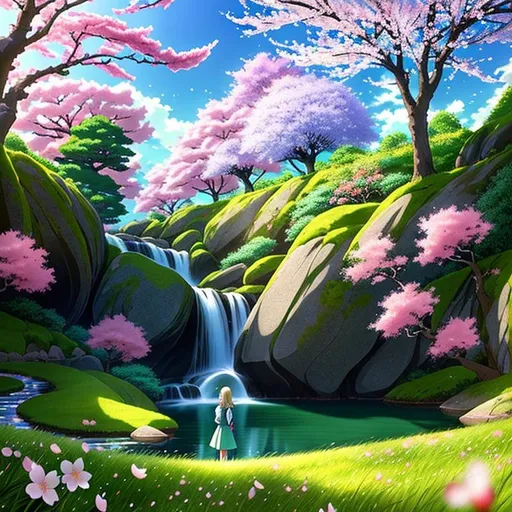 Prompt: Animè painting, UHD, 8K, highly detailed, panned out view of the character, visible full body, ethereal, fair smooth tan skin elf. A human, standing on a grassy hill with a single cherry blossom tree, gloomy lighting, water flows around at the bottom of the hill, spirited away animè style images.