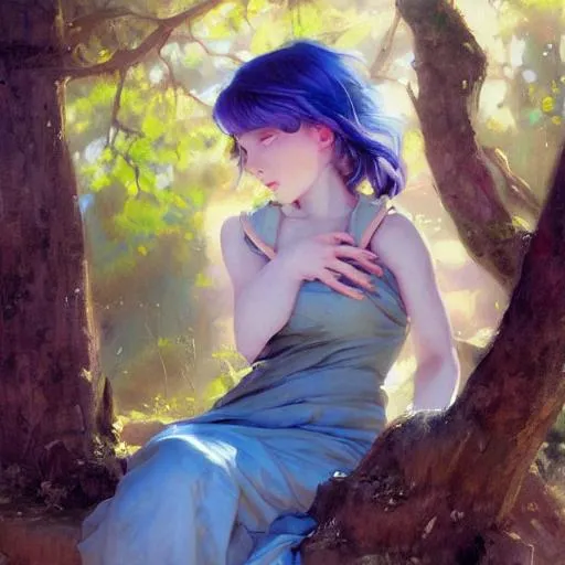 Prompt: A portrait of a girl crying under a tree with pale blue hair, purple eyes, wearing a pale yellow chiffron. Krenz Cushart + loish +gaston bussiere +craig mullins, j. c. leyendecker +Artgerm, oil painting texture