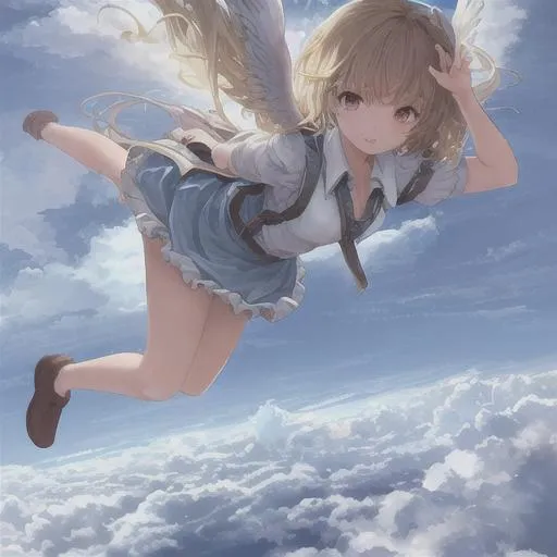 Prompt: masterpiece, best quality, highres, cute girl flying through clouds, cloud, flying, jumping, falling,