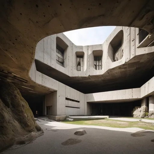 Prompt: a research facility carved into a cliff side, brutalist architecture