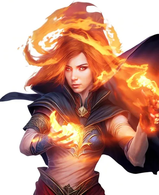 Prompt: Fantasy. Female sorceress.
throwing Fireball. Cape- fully clothed. flat chest.