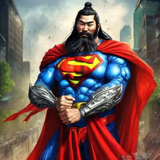 Prompt: Realistic fantasy illustration of a hybrid superhero character, Guan Yu and Superman, letter G in the chest, vibrant colors, intense facial expression, detailed armor and cape, high-res, vibrant, detailed facial expression, fantasy, superhero, vibrant colors, detailed armor, intense gaze, advertisement-worthy, realistic, fantasy style, detailed illustration, professional, vibrant lighting