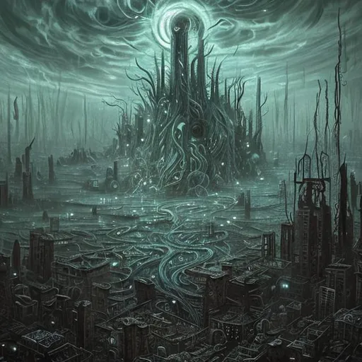 Prompt: A melancholic, lovecraftian painting. I'd like it set in a devastated cityscape 

