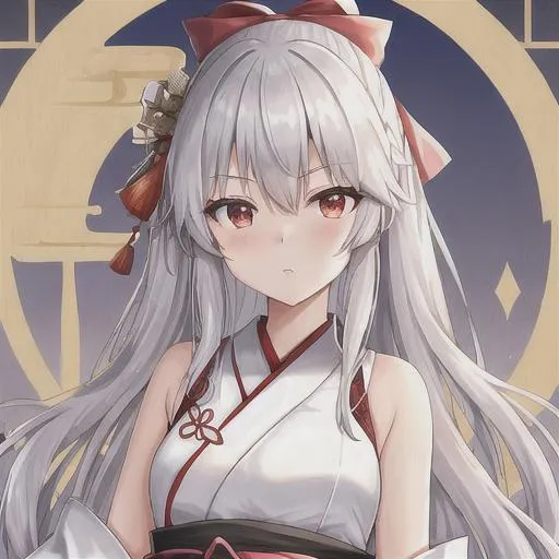 Prompt: Bow and arrows, human, Taishō era, beautiful haori, Japanese styled outfit, silver hair, red eyes, Artemis 