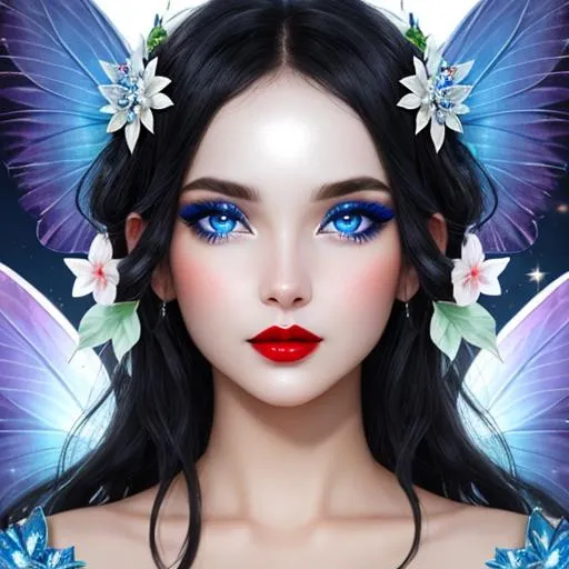 Prompt:  a fairy goddess, facial closeup,  black hair and blue eyes, red lips
