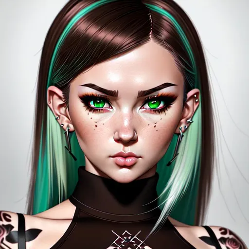 Prompt: Ilya Kuvshinov Style, 
Hyper Realistic, UHD, hd , 8k, , hyper realism, Very detailed, zoomed out view, whole character is in view, handsome young woman, labret piercings,  Brown long hair, flirting, blush, Eyeliner (Drama look), green-bluish eyes, Nordic Tattoos, modern cloths in black and white, artstation, Dark Industrial Background