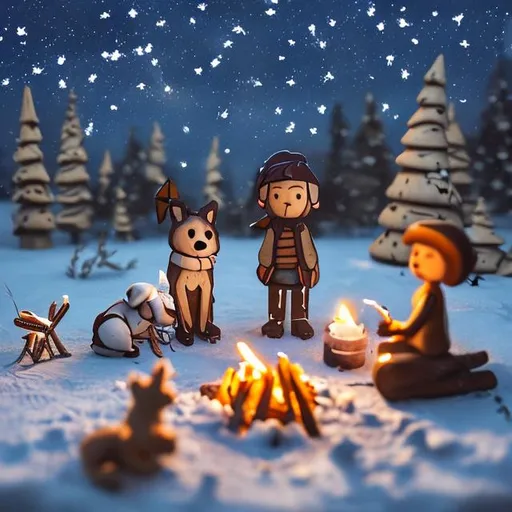 Prompt: tiny friends and a dog making smores at tiny wooden campfire string lights on a starry night in the snow
