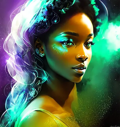 Prompt: a beautiful ebony woman wearing a see-through [green, white] dress, in the style of ckknightphoto, detailed character design, digital airbrushing, white and light aquamarine, 8k resolution, intricate lines, rococo whimsy, glowing colors, award winning photography, photorealistic