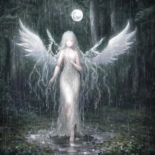 Prompt: A  painting of a walking highly-detailed angel with wings through a forest,flowing rain effects,sharp focus,8k,award-winning photograph,highly detailed,night,dark ambient,looking at camera,moon light,trees with black leafs,