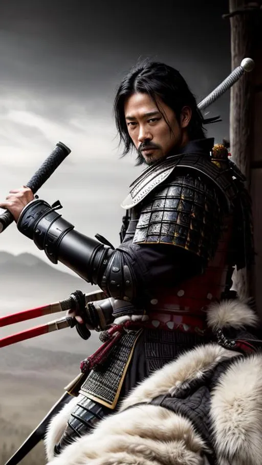 Prompt: Young Hiroyuki Sanada as a Samurai Photorealistic Overdetailed Portrait, Well Detailed face, Black and Gray Robes and Armor, Black hair, Detailed Hands, Detailed Twilight Background, Intricately Detailed, Award Winning, Photograph, Film Quality.