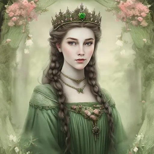 Prompt: a portrait of a ethereal lady with a crown of flowers she is wearing a green medieval style dress 