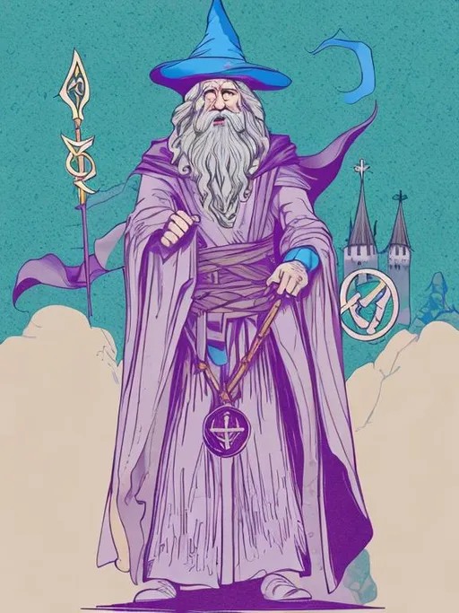 Prompt: Wizard standing in front of castle city. Pagan symbols.