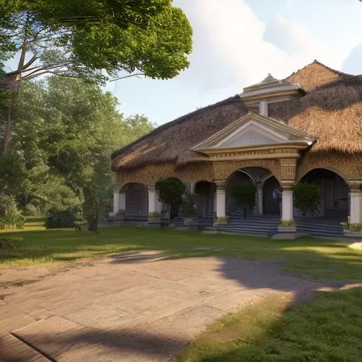 Prompt:  French colonial houses with precolonial congolese architecture inspiration, volumetric natural light, ultra realistic, vray, far view, perspective landscape