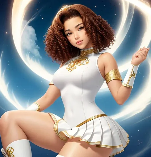 Prompt: A beautiful 14 year old ((Latina)) light elemental with light brown skin and a cute face. She has a curvy body. She has short curly reddish brown hair and reddish brown eyebrows. She wears a beautiful tight white princess outfit with gold and a white skirt. She wears white boots. She has brightly glowing yellow eyes and white pupils. She wears a small golden tiara. She has a yellow aura around her. She is using yellow light magic against a robber that is attacking her in a alley. Epic battle scene art. Full body art. {{{{high quality art}}}} ((goddess)). Illustration. Concept art. Symmetrical face. Digital. Perfectly drawn. A cool background. Five fingers
