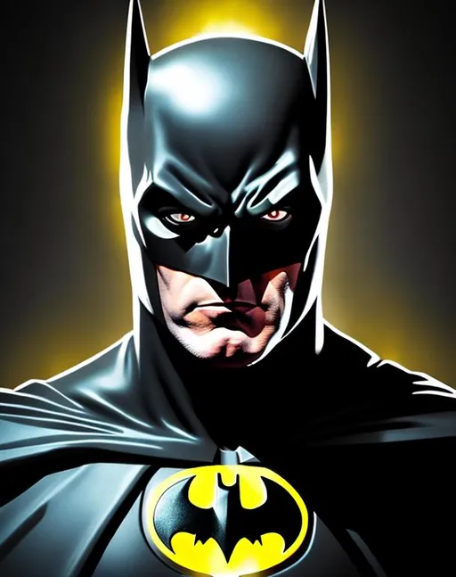 Prompt: headshot portrait of Michael Keaton's batman, extremely detailed features, yellow silhouette glow around the character, yellow flame effect coming from the corner of each eye, grey scale gradient background