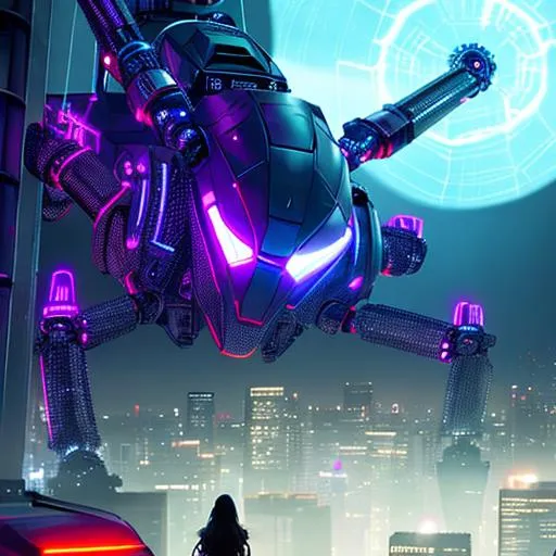 Prompt: A witch with a robotic arm, trying to unlock a giant robotic spider crawling through a post-apocalyptic cityscape, with a skull-shaped cockpit and glowing neon lights. --ar 16:9 --s 1250 --uplight --q 2