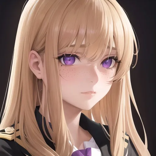 Prompt: "A close-up photo of a brown skined gorgeous woman who has long curly blonde hair, predator like purple eyes, wearing school uniform, in hyperrealistic detail, with a slight hint of loneliness in her eyes. Her face is the center of attention, with a sense of allure and mystery that draws the viewer in, but her eyes are also slightly downcast, as if a sense of loneliness is lingering in her thoughts. The detailing of her face is stunning, with every pore, freckle, and line rendered in vivid detail, but the image also captures the subtle emotions of loneliness that might lie beneath her surface"