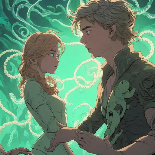 Prompt: Young woman, blonde, brown eyes, roughly cut hair, looking into distance. Young man, brown hair, roughly cut hair, closed eyes, with a white aura. The man and woman are holding hands. The background shows a distant fight between a black house cat clad in green armor fighting a floating hungry Cthulhu octopus abomination. Subtle green lights show clashes of magic in the background.