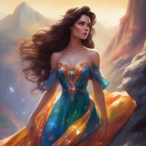 Prompt: A colourful, beautiful brunette, Persephone, in a beautiful flowing dress made of glittering gemstones on a mountainside. In a photorealistic painted Disney style and marvel comics style.