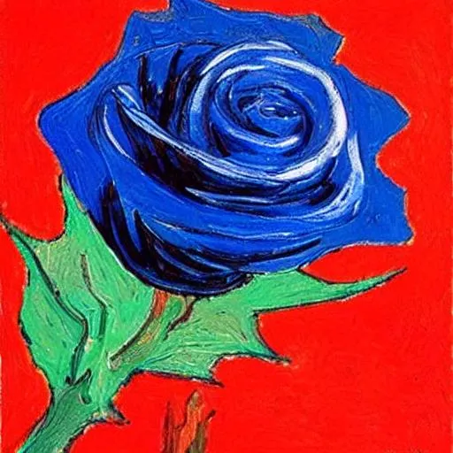 Prompt: one single red rose with a blue background, van gogh