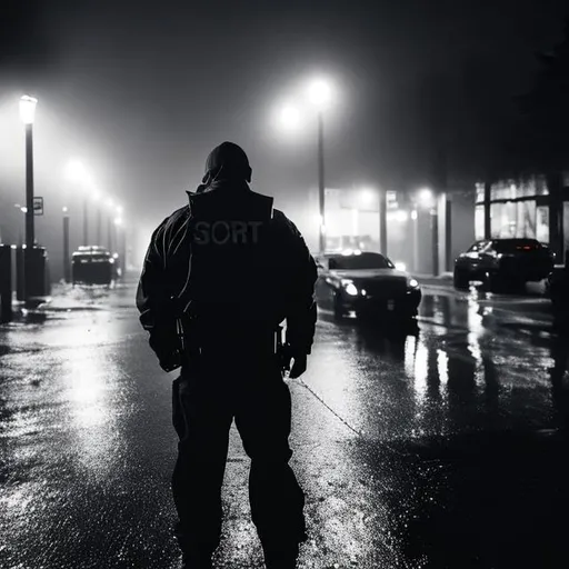 Prompt: Armed Security, Black, Bright Light, mute colors, Seattle, rain , foggy
