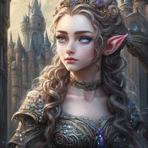 Prompt: half body portrait, female , elf, detailed face, detailed vibrant eyes, full eyelashes, ultra detailed accessories, detailed castle interior, city background, princess dress, curly messy braided hair,tiara, bangs, dnd, artwork, fantasy,inspired by D&D, concept art, ((looking away from viewer))