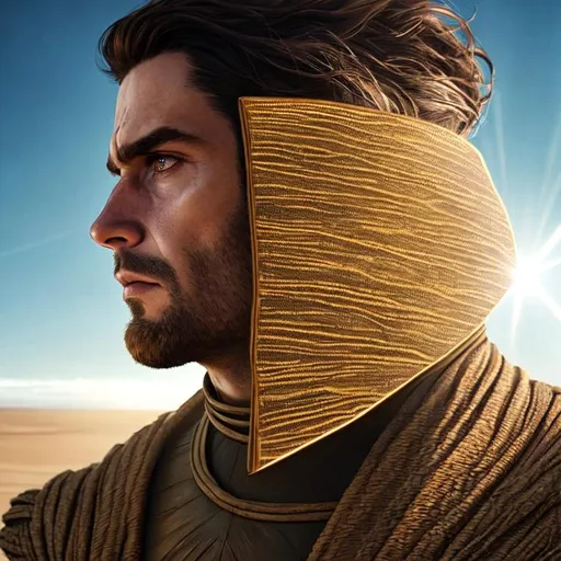 Prompt: A close up shot from half face, a man dressed like dune movie, sad background, do not show the face, head looking down, cover face and head with light rays around it