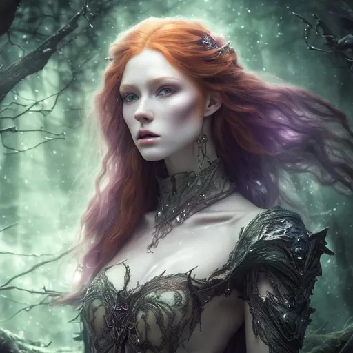 Prompt: Detailed fantasy 8k mystical light portrait of a witch with ivory clear skin, long redhead hair and deep purple eyes. Gorgeous hot body, she wears elegant aderent green dress, night light, forest, dramatic, charming pose, magical, fantasy,  high detailed, dramatic light