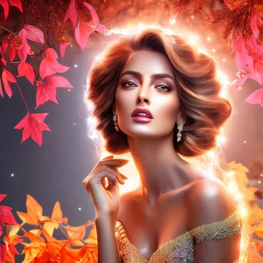 Prompt: HD 4k 3D 8k professional modeling photo hyper realistic beautiful  woman ethereal greek goddess of glory
pink hair updo hazel eyes gorgeous face tan skin beautiful grecian bridal gown full body surrounded by glorious glowing light hd landscape background standing under falling golden leaves and wreathes