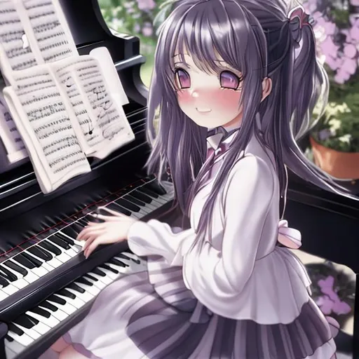 Prompt: An anime girl is playing piano and music notes are coming out of the piano in line surrounding her