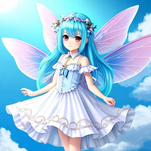 Prompt: 1 Fairy girl, cheerful, fairies, fairy wings, dryads, pale, skinny, petite,  sky blue hair, fantasy, anime style, chibi, white dress