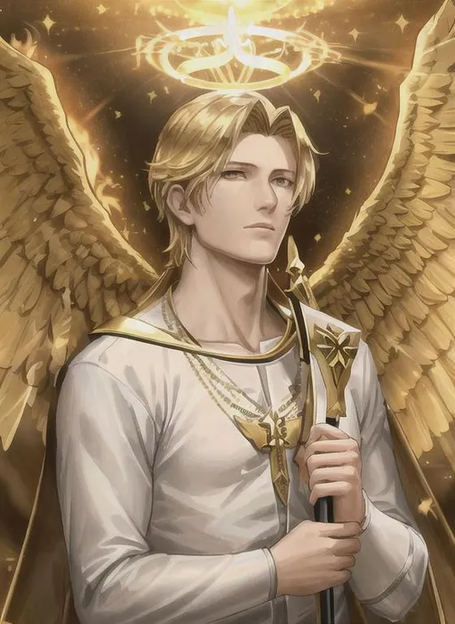 Prompt: Angel, halo, radiant golden light, seraph, six wings, photo realistic, Male, warrior, ancient, wallpaper, St michael, catholic, archangel, handsome, Male face, masculin face, 37 years old, Spears, fire, 16k