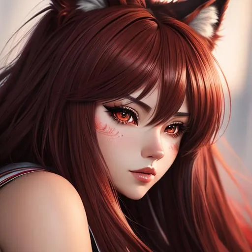 Prompt: red anime girl, anthropomorphic wolf, very furry, highly detailed face, highly detailed eyes, full body, whole body visible, full character visible, soft lighting, high definition, ultra realistic, 2D, 8K, digital art