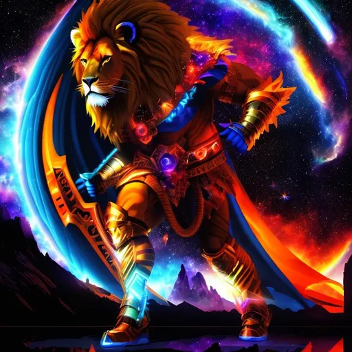 Prompt: 3D, HD, Cinematic, Dramatic, Cosmic, Epic, dark, Beautiful {Man}Lion, as warrior Nebula (Supernova red green blue yellow orange purple), hyper realistic, expansive interstellar background, hyper realistic, 8K --s99500