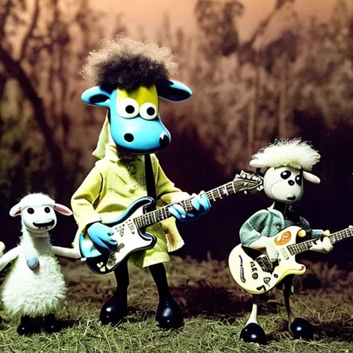 Prompt: Shaun the sheep help Jimi hendrix to play guitar