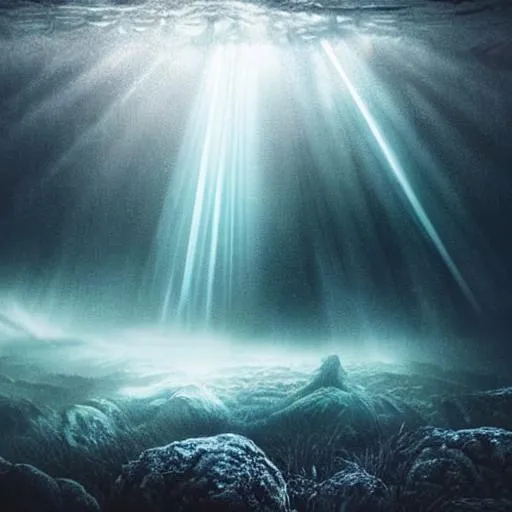 Prompt: retrofuturistic style, ominous, underwater, liminal space, lonely traveling animal on an adventure, heavenly lighting, euphoric atmosphere, mysterious lighting, danger lurking ahead, twinkling lights, realistic, interesting landscape, mysterious body of water
