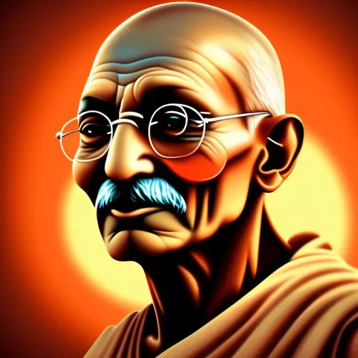 Prompt: A digital painting of Mahatma Gandhi shining in the sunset 