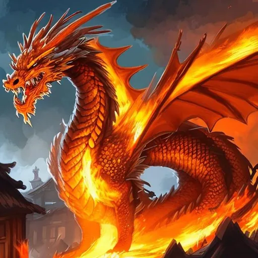 Prompt: A fire dragon that attack a village