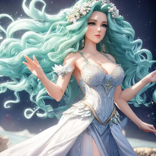Prompt: Claymation, UHD, hd , 8k, , Very detailed, panned out view with whole character in from, a olive skinned, long hair with tight curls, earth giant female  celestial being character, Dancing beauty, echoing movements , magic light following her movements, HD, 3D rendered, Hair like water flowing, armored lace wedding lacy styled dress, Fantasy character, sharp expressive facial features, magic music notes flying around, crying stone, multicolor newton julia sets fractal background.