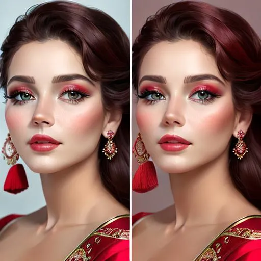 Prompt: Beautiful ethereal woman. color scheme of tuquoise and red. facial closeup