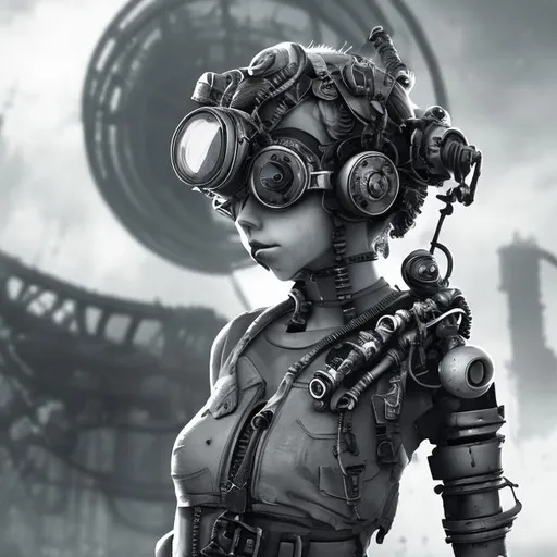 Prompt: Apocalypse industrial Android girl with short a curly hair and transparent goggles, looking to the front in gray scale spiral