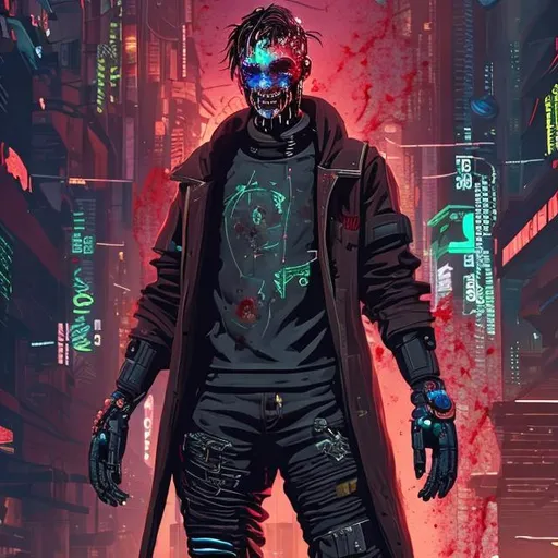 Prompt: A cyberpunk universe human, covered in augmentations. He is covered in blood of his enemies and wears a slick smile knowing he's the boss. 