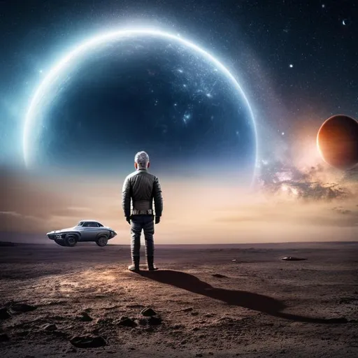 Prompt: man standing on a planet in outerspace with a car