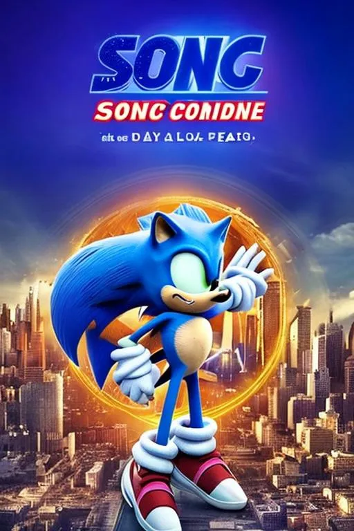 Prompt: sonic con un anillo en la ciudad con rayos y on el diseño de la pelicula