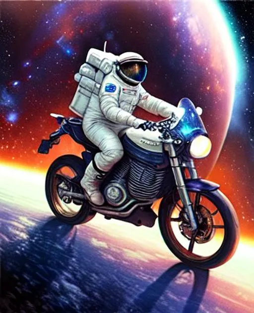 Prompt: Astronaut riding a motorcycle through space, galaxy, amazing, beautiful, realistic, best art, super detailed