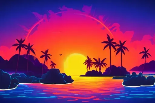 Prompt: A Bluish Black Neon Island Sun View